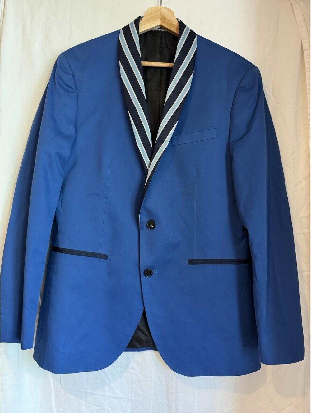 Custom Men’s Blue Solid Blazer with Silk custom lapel 2-Button Shawl Lapel